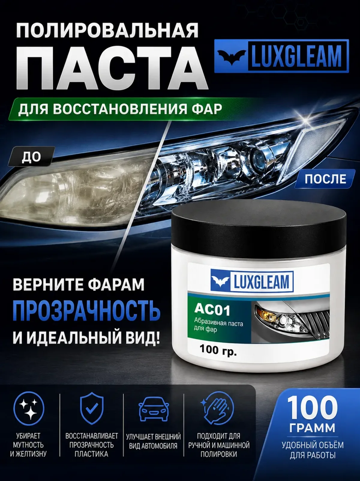 Паста для полировки пластиковых фар автомобиля AC01 100 г